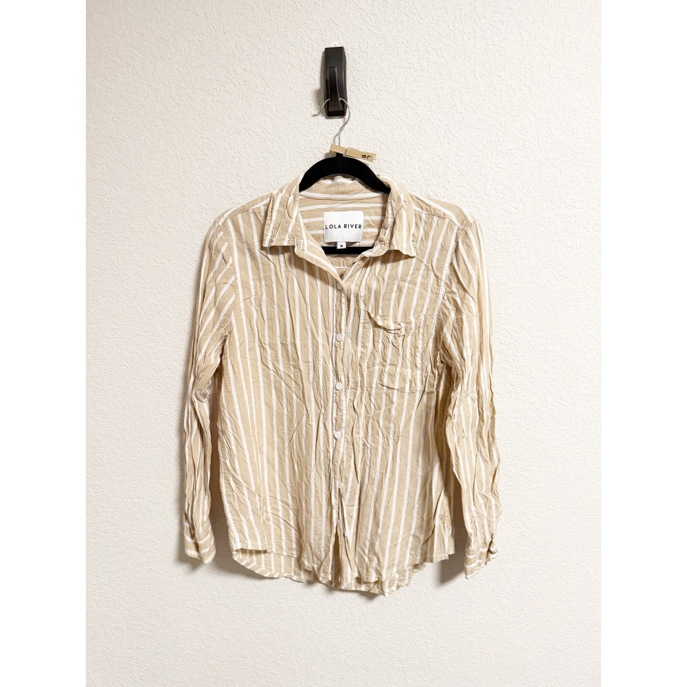 Lola River Womens Striped Button Up Shirt Long Sleeve Pocket Beige White Medium